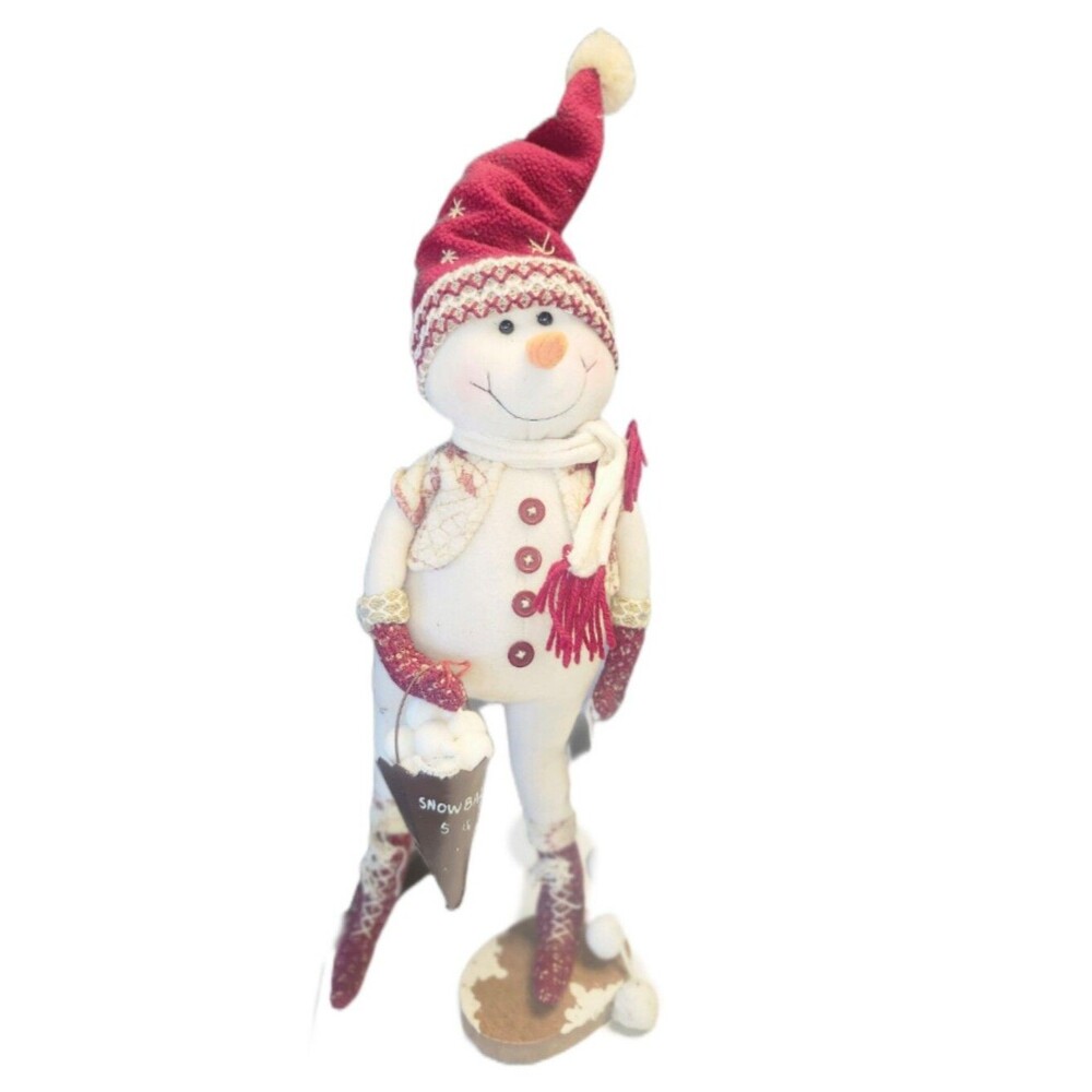 Fabric Snowman, Free Standing, Shabby Chic Rustic, Brick Red & Cream, 22" Tall